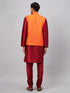 Vastramay Men's Orange Matka Silk Nehru Jacket With Maroon Silk Blend Kurta Pyjama Set